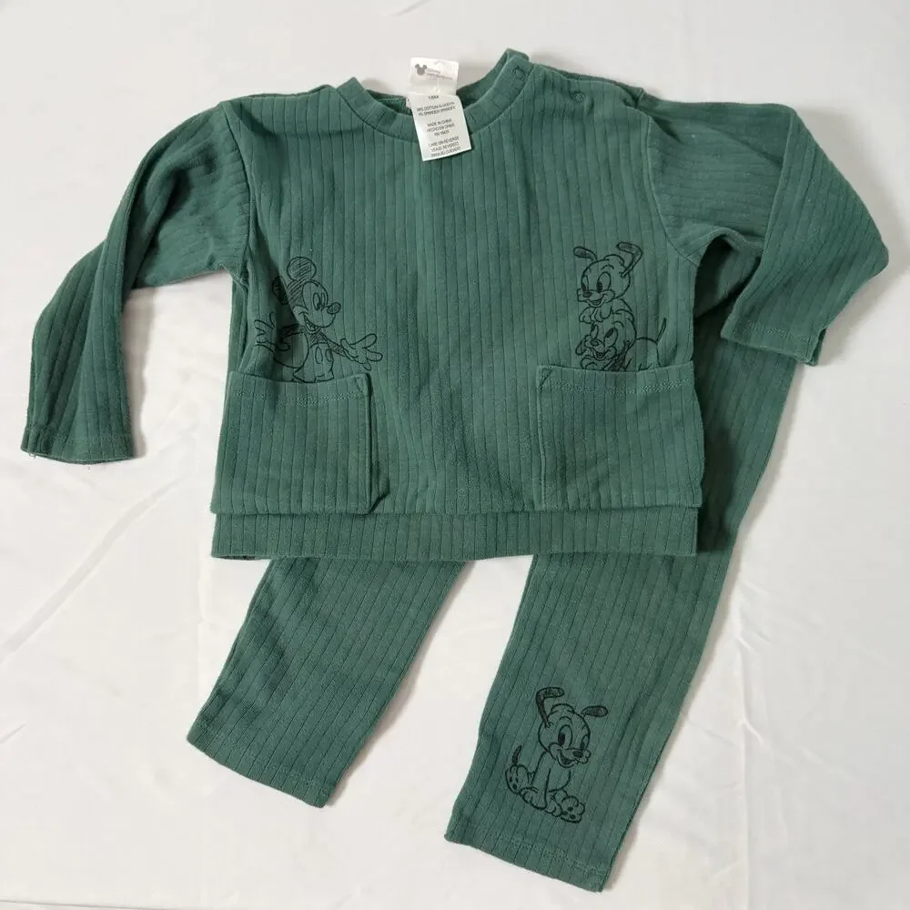 Disney Baby Mickey & Friends Green Ribbed Neutral Matching Set Sz 18 mo